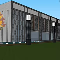 Modern Commercial Complex Exterior With Grid Design Lawn Street Lamps And Trees