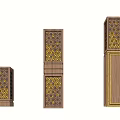 Outdoor Lights With Wooden Structure Intricate Cutout Patterns Golden Accents Various Heights