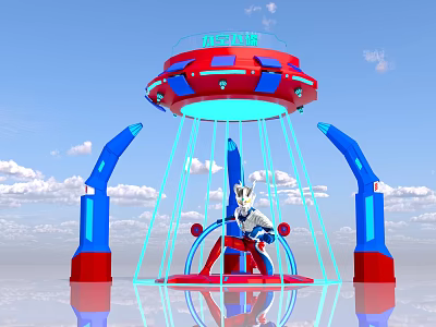 UFO Shaped Photo Check in Spot With Blue Red Design And Cartoon Character 3d model