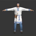 Traditional Male Character In White Robe With Blue Patterns Headband Waist Pouch And Outstretched Arms