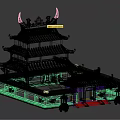 Cartoon Chinese Traditional Pagoda Scene With Green Roof Orange Decorations Curved Eaves And Stone Steps