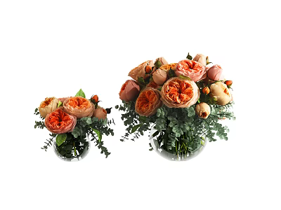 Beautiful Floral Arrangement In Decorative Vases With Orange Beige Flowers And Green Leaves 3d model
