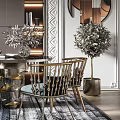 Elegant Modern Dining Table Set With Metal Frame Chairs Blue Cushions And Decorative Plants
