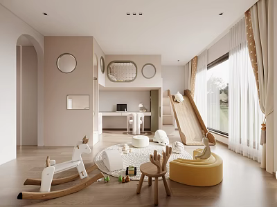 Soft Toned Bright Kids Room With Rocking Horse Slide And Toys 3d model