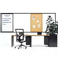 Modern Office Desk Setup With Ergonomic Chair Wall Mounted Whiteboard Corkboard And Potted Plant