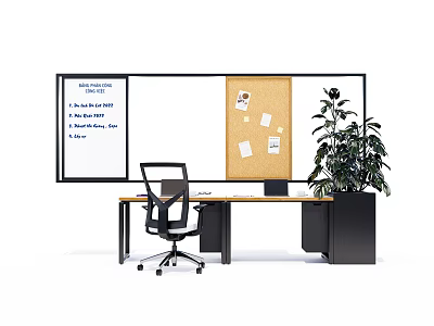 Modern Office Desk Setup With Ergonomic Chair Wall Mounted Whiteboard Corkboard And Potted Plant 3d model