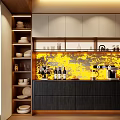 Modern Sideboard With White And Dark Cabinets Wine Rack Coffee Machine And Yellow Accent Wall
