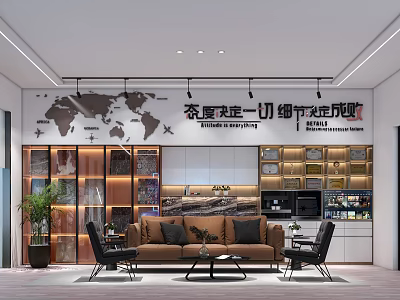 Stylish Studio Space Interior With World Map Wall Bookshelves Sofa Chairs And Potted Plant 3d model