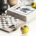 Decorative Ornament Collection With Chessboard Pieces Books Vases Dried Flowers And Apples