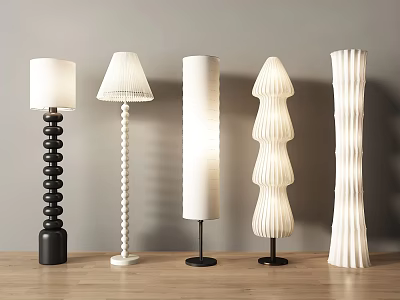Stylish Floor Lamps with Diverse Designs on Wooden Floor and Light Colored Wall 3d model
