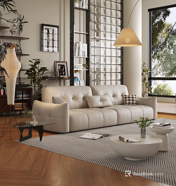 Modern Living Room Interior With Tufted Leather Sofa Floor Lamp Potted Plants And Coffee Table 3d model 