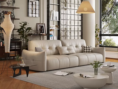 Modern Living Room Interior With Tufted Leather Sofa Floor Lamp Potted Plants And Coffee Table 3d model