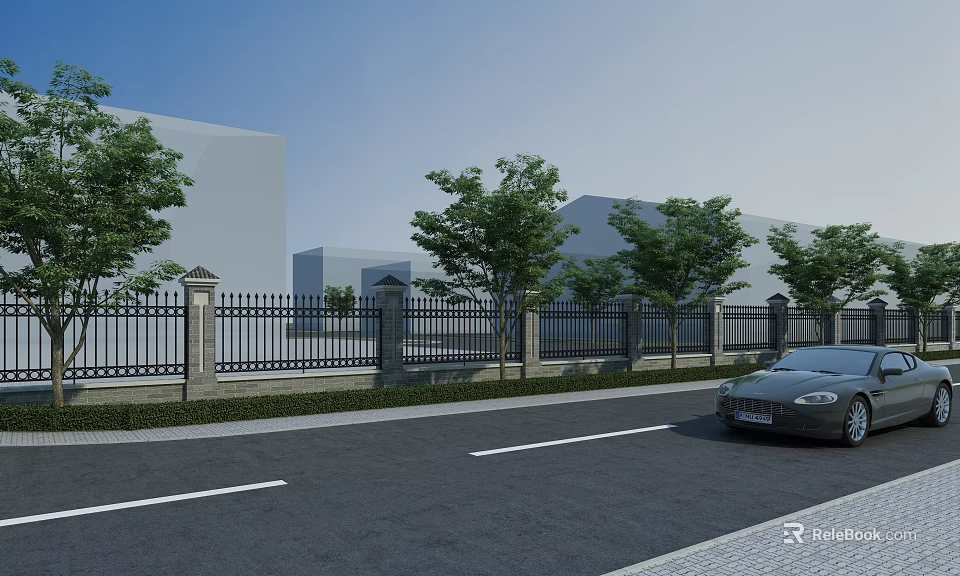 Scenic Wall With Black Iron Fence Stone Pillars And Trees Along Roadside Near Modern Buildings 3d model 