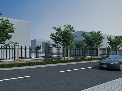 Scenic Wall With Black Iron Fence Stone Pillars And Trees Along Roadside Near Modern Buildings 3d model