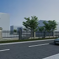 Scenic Wall With Black Iron Fence Stone Pillars And Trees Along Roadside Near Modern Buildings