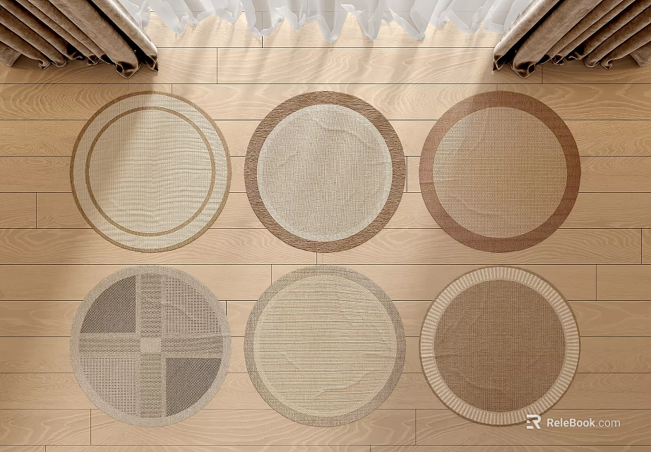 Various Round Rugs With Different Patterns And Colors On Wooden Floor 3d model 