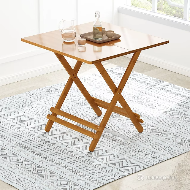 Foldable Wooden Dining Table On Geometric Pattern Rug With Tray And Glass Items On Top 3d model 