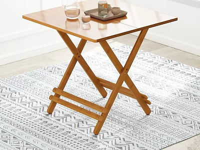 Foldable Wooden Dining Table On Geometric Pattern Rug With Tray And Glass Items On Top 3d model