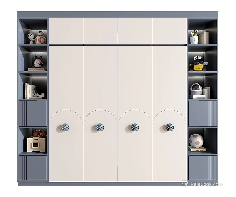 Modern Wardrobe Design With White Panel Doors Gray Frames And Side Storage Shelves 3d model 