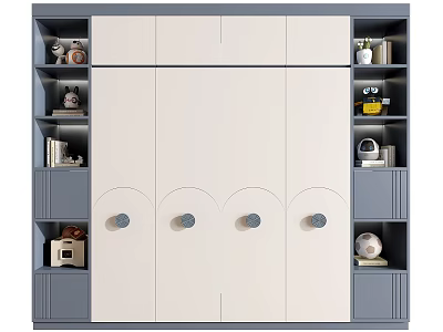 Modern Wardrobe Design With White Panel Doors Gray Frames And Side Storage Shelves 3d model