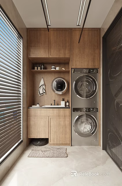 Home Balcony Design With Wooden Cabinets Washing Machine Dryer And Blinds 3d model 