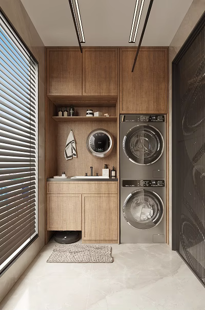 Home Balcony Design With Wooden Cabinets Washing Machine Dryer And Blinds 3d model