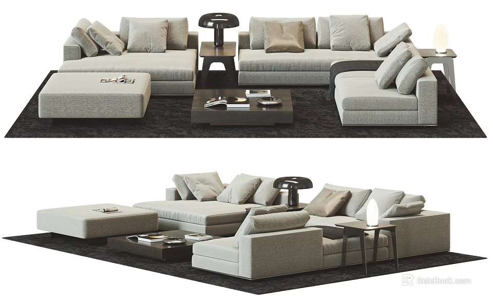 Modern Light Gray Sofa and Coffee Table Set With Plush Cushions and Side Tables 3d model