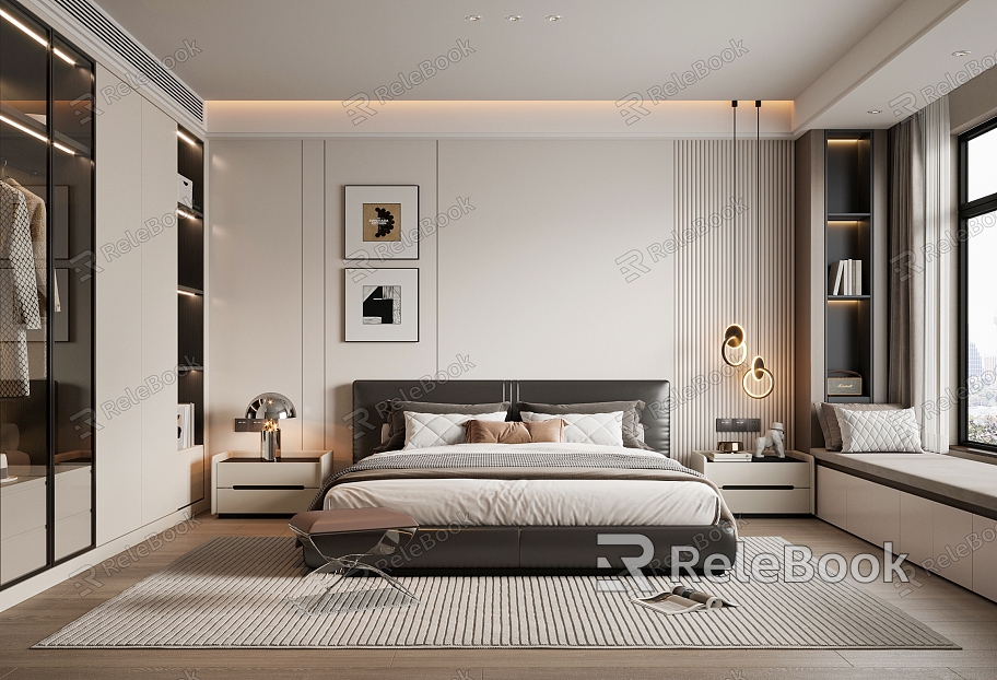 Modern Minimalist Bedroom Leather Double Bed Master Bedroom Wardrobe Hanging Painting model