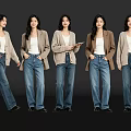 Group of Five Women Wearing Stylish Cardigans And Jeans Against Black Background