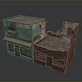 Weathered Abandoned Tailor Shop Model Scene Featuring Blue Green Brown Structure And Broken Roof
