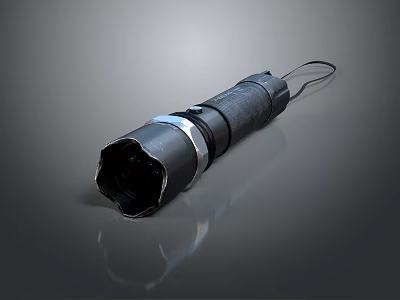 Black Tactical Flashlight With Durable Design Metal Band Lanyard And Textured Surface 3d model