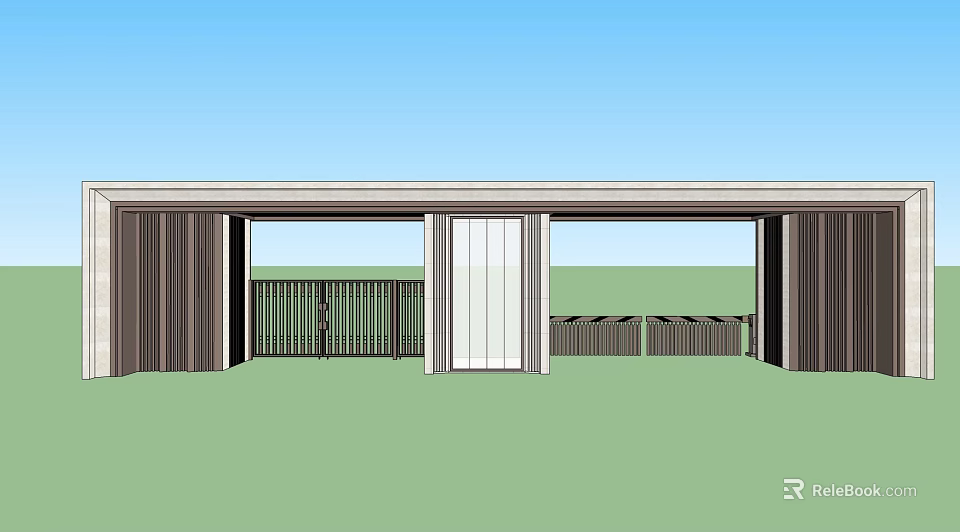 Modern Entrance Gate Design With Wooden Structure White Door Railing Blue Sky And Green Lawn 3d model 