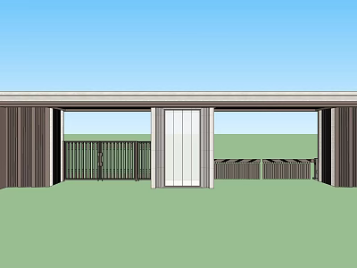 Modern Entrance Gate Design With Wooden Structure White Door Railing Blue Sky And Green Lawn 3d model