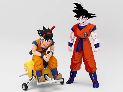 Anime Action Figures In Orange Outfits Sitting On Yellow Toy Car And Standing Together 3d model