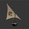 Traditional Wooden Water Vessel With Sail Featuring Red Eye Symbol and Small Candle Holders