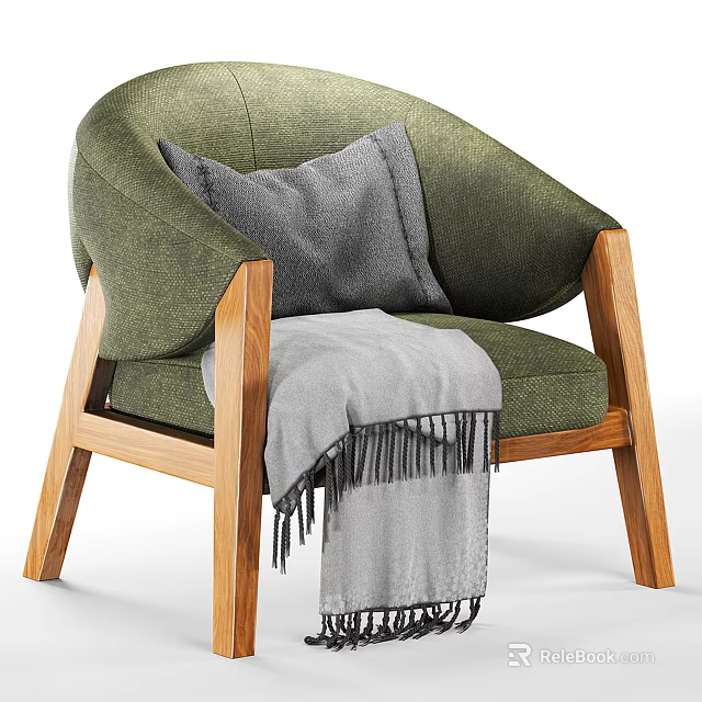 Modern Green Upholstered Armchair With Wooden Arms And Gray Fringed Blanket 3d model 
