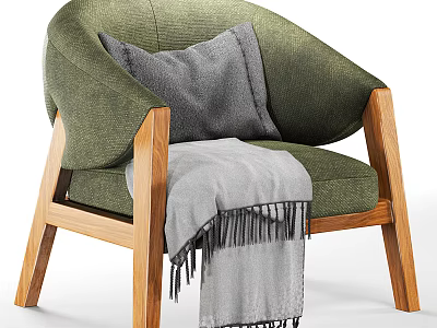 Modern Green Upholstered Armchair With Wooden Arms And Gray Fringed Blanket 3d model