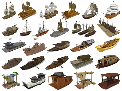 Various Types of Wooden Boats with Traditional Vintage and Modern Design Styles 3d model