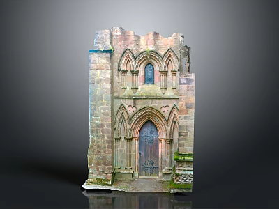 Ancient Moss Covered Stone Ruins with Gothic Arched Windows and Wooden Door 3d model