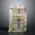 Ancient Moss Covered Stone Ruins with Gothic Arched Windows and Wooden Door