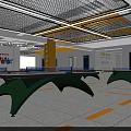 Indoor Table Tennis Fitness Training Area With Green Tables And Yellow Floor Lines