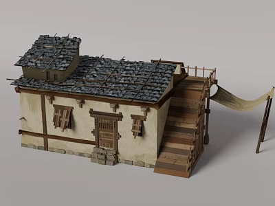 Traditional Rural Building With Stone Slab Roof Wooden Lattice Windows Wooden Door And Wooden Steps 3d model
