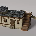 Traditional Rural Building With Stone Slab Roof Wooden Lattice Windows Wooden Door And Wooden Steps