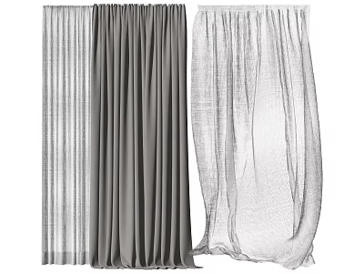 Gray Draped Curtains With White Sheer Panels For Home Window Decoration 3d model