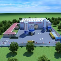Industrial Factory White Building With Red Accents Green Trees Silos Yellow Trucks And Blue Fence