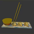 Delicious Steamed Dumplings With Dipping Sauce And Chopsticks On Ceramic Tray