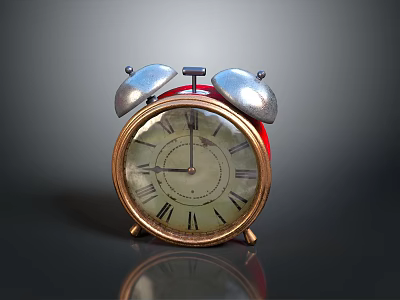 Vintage Alarm Clock With Silver Bells Red Top And Roman Numerals On Dark Background 3d model