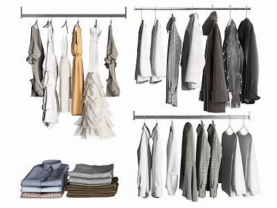 Various Styles Of Hanging And Folded Clothes In Neutral Colors On Racks And Pile 3d model