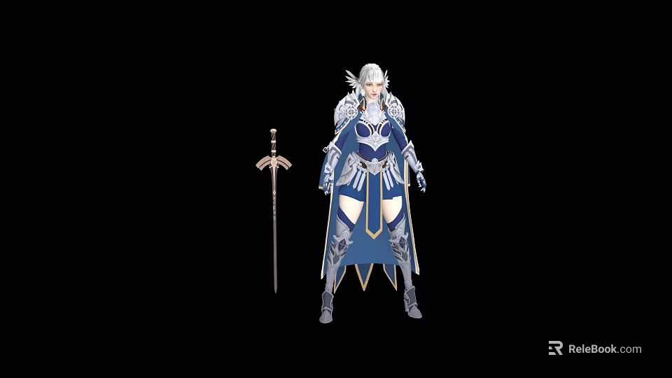 Woman in Blue and White Ornate Armor with Silver Hair and Long Sword 3d model 