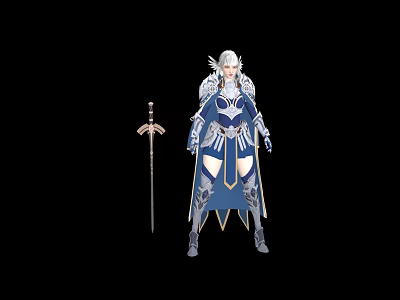 Woman in Blue and White Ornate Armor with Silver Hair and Long Sword 3d model